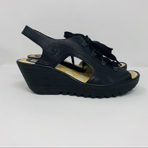 Fly London black leather Ylfa wedge lace up